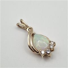 14K Yellow Gold Elegant Pear Cabochon Opal & Diamond Accent Teardrop Pendant